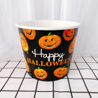 Vente en gros de bols en papier écologiques anti-fuite sur le thème d'Halloween, 64 oz, seau à popcorn, design citrouille et toile d'araignée pour un joyeux Halloween