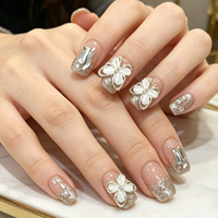 Faux Ongles Courts Carrés à Pression en ABS, Personnalisés, Effet Papillon 3D, Paillettes Argentées, Réutilisables, Vente en Gros, OEM, ODM, Marque Privée