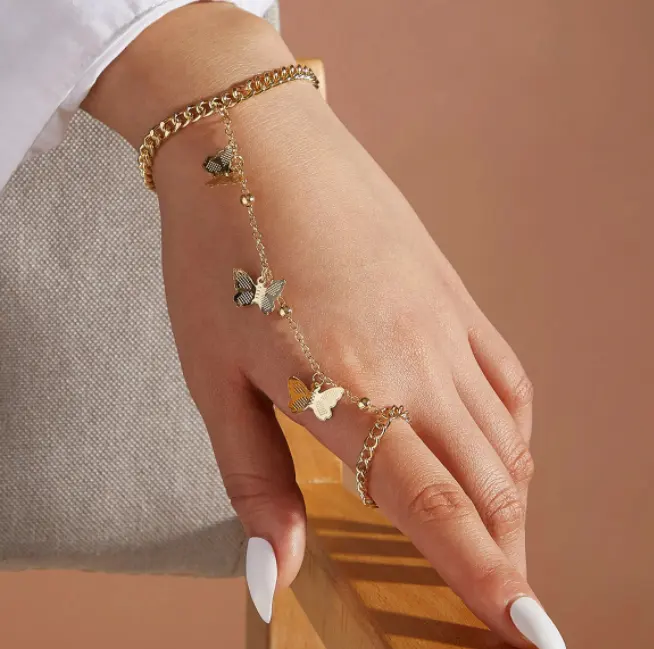 Diamond set geometrical hollowed-arrow chain spliced metal ring all-in-one women's bracelet