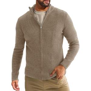2025 Men's Full Zip <b>Cardigan</b> Sweater Casual Waffle Stand Collar Knitted Winter <b>Chunky</b> Sweater Vintage Pattern Autumn Spring - Product Image 3