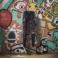 Pantalon stretch noir délavé à la pierre pour homme, écusson de perçage avec broderie à rivets, décoration de style utilitaire Hip Hop, jean