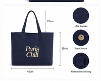 Sac fourre-tout en toile de coton robuste de 12 oz, bleu marine, avec broderie personnalisée style Paris, sac à bandoulière pour le shopping, grande capacité