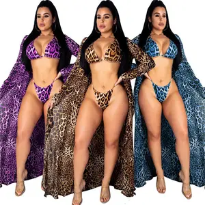 Summer beachwear Leopard print cover up bikini set sexy 3 piece bathing suit woman