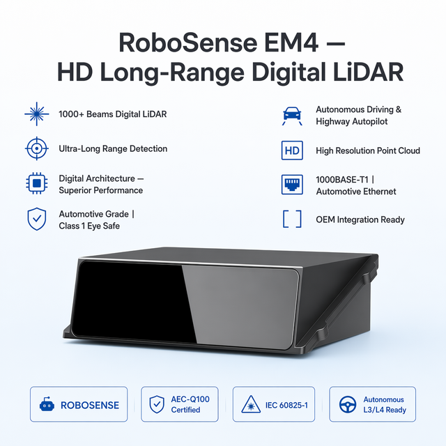 RoboSense EM4 1080-Beam LiDAR 600m Long Range 25.92M Pts/s Digital LiDAR for Autonomous Driving