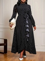 Robe longue ample évasée Y309 noire à pois pour femme, col montant, manches longues, longueur cheville, idéale pour la prière et les fêtes