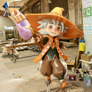 Cappello magico mago scultura-Stregone cartone animato in fibra di vetro con cappello a punta arancione e abito geometrico per parchi a tema/decorazione Fantasy - Product Image 3