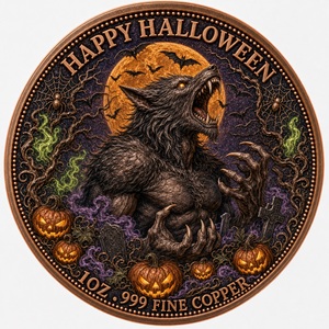 Pièce commémorative ronde en cuivre fin .999 de 1 once, avec relief 3D et design en relief profond, thème <span class=keywords><strong>Loup</strong></span>-<span class=keywords><strong>garou</strong></span> d'Halloween, colorée, pour décoration et cadeau effrayant - Product Image 2