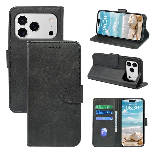 For iPhone 18 17 Pro Max Wallet Flip Case Card Holder PU Leather Kickstand Card Slots Case Magnetic Clasp Shockproof Cover Black