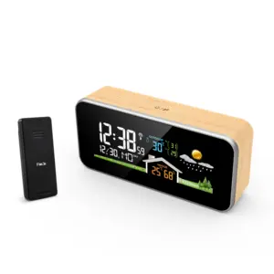 Despertador de madeira Tela VA Indoor Outdoor Termômetro Higrômetro Barômetro Eletrônico Tempo Previsão Desktop Despertadores