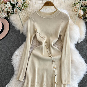 Abito da Donna <span class=keywords><strong>con</strong></span> Bottoni Dorati, <span class=keywords><strong>Spacco</strong></span> Laterale, <span class=keywords><strong>Vestito</strong></span> Aderente in Maglia a Maniche Lunghe, Elegante Abito Midi per Donne - Product Image 6