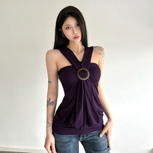 Y2K Party Women's Cross Halter O-Ring Detail Tank Top, Draped Ruched Slim Fit Party Top - Product Image 4