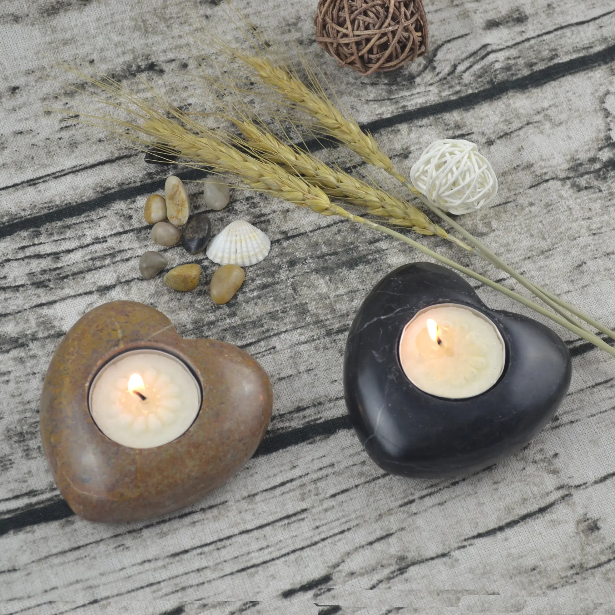 Natural High Quality Marble Black and Brown Stone Candle Holder Heart Shape For Decoration