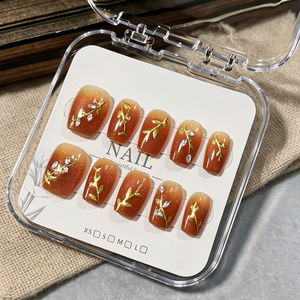 10 <span class=keywords><strong>faux</strong></span> <span class=keywords><strong>ongles</strong></span> carrés courts marron ambre ombré à presser, avec feuille <span class=keywords><strong>d</strong></span>'<span class=keywords><strong>or</strong></span> et strass étincelants, réutilisables - Product Image 5