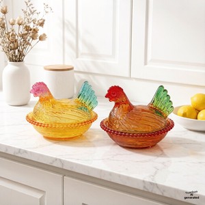 Tempat Permen Kaca Kristal Little Hen, Wadah Penyimpanan Ayam Desain Tradisional Berlapis Warna-warni, Kontainer Kreatif - Product Image 3