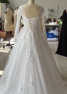 Robes de mariée civiles personnalisées à manches longues 2026, style campagnard, coupe trapèze, avec appliques en dentelle, traîne <span class=keywords><strong>courte</strong></span>, <span class=keywords><strong>robe</strong></span> de mariée bohème simple - Product Image 4