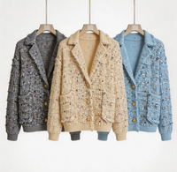 Cárdigan de punto de tweed para mujer de marca privada, elegante, con solapa corta, manga larga, ajuste holgado, frente abierto, chaqueta de punto de hilo suave mezclado.
