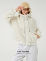 Bomber polaire épaisse pour femmes, veste à capuche avec cordon de serrage ajustable, coupe-vent, ourlet côtelé, avec poches latérales.