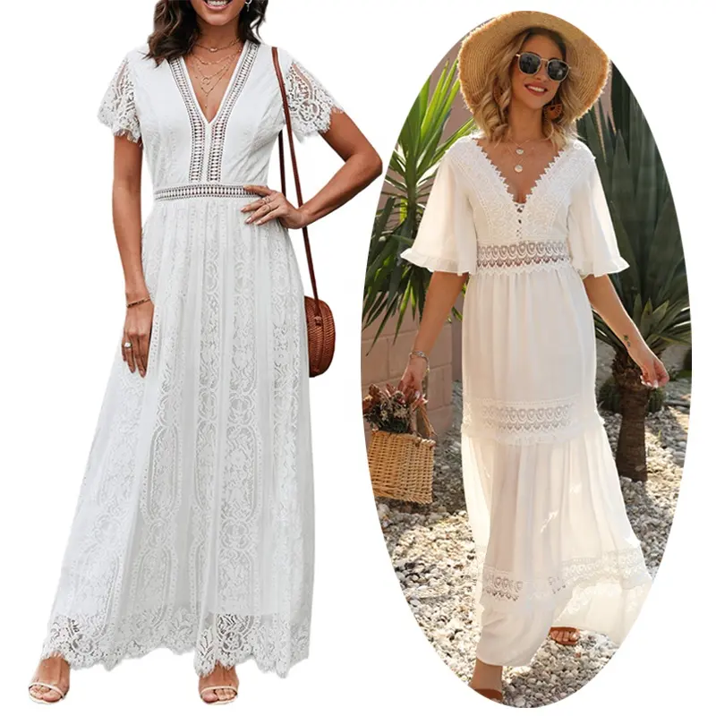 Casual White Lace Chiffon Maxi Dresses Elegant Outfit Party Wear Evening Gown Long Wedding Guest Dress Summer Clothes