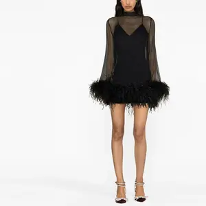 Black Feather-Trim Mini Dress With Feathers high quality custom feather dress Semi-sheer design dress for women