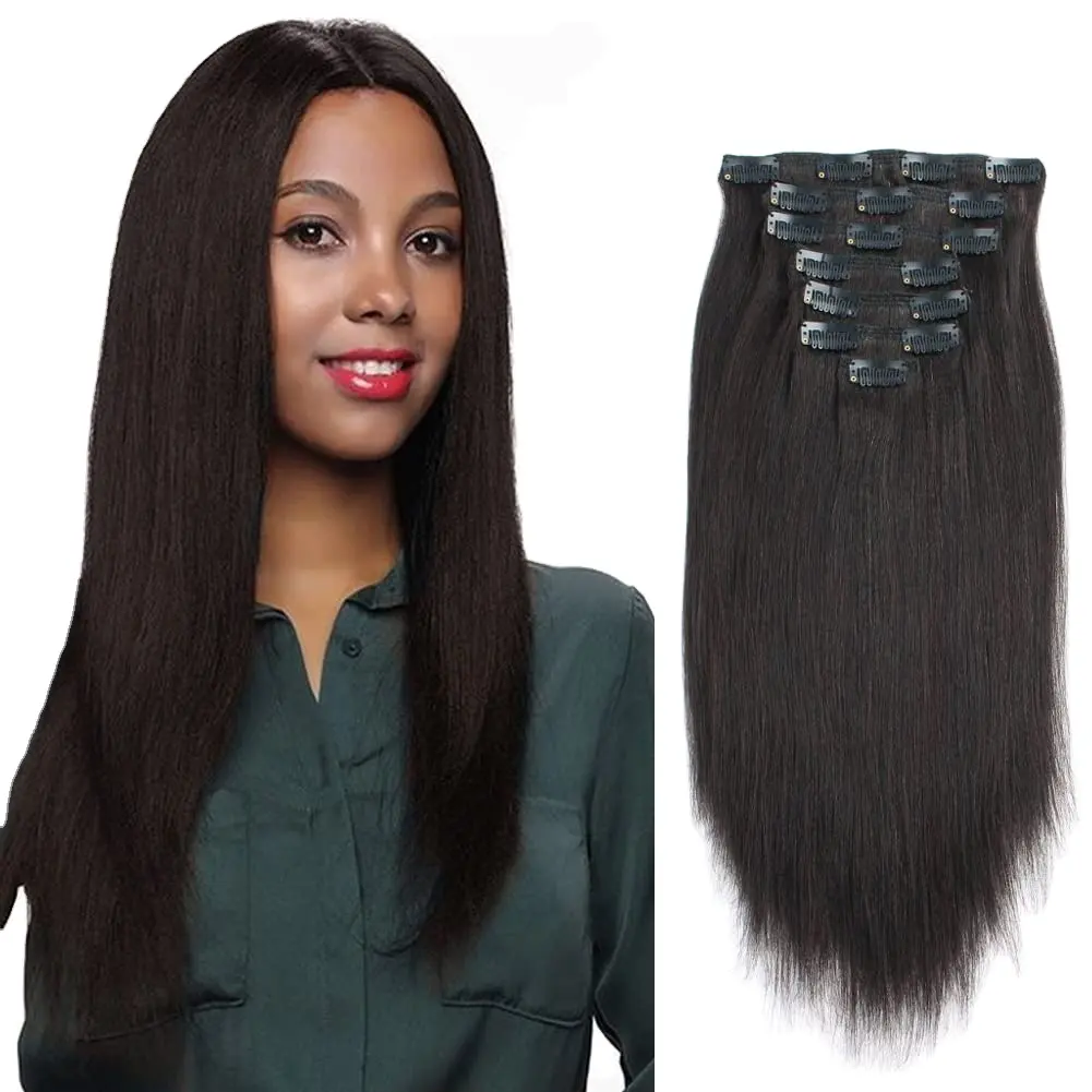 Extensions de cheveux Yaki naturelles épaisses Remy avec clips, noir, w, pour relaxation, africaine et américaine