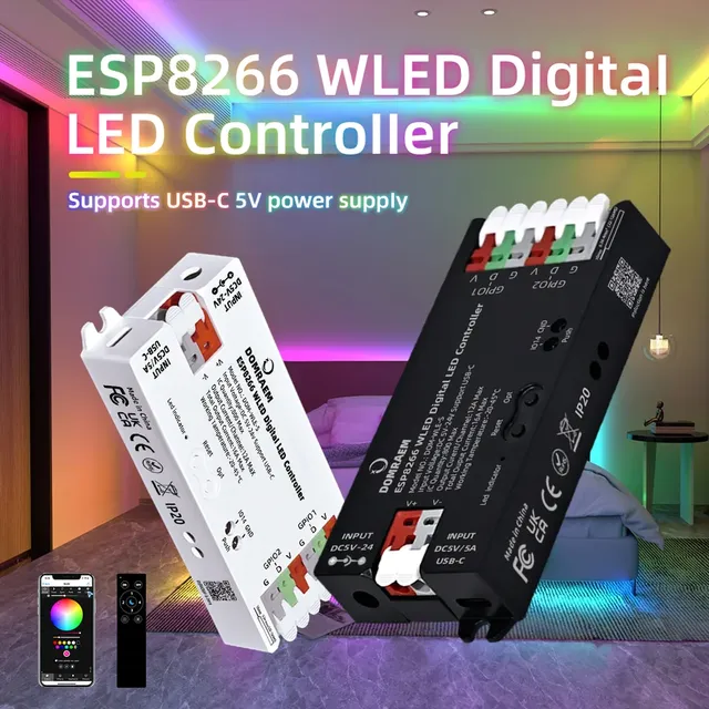 DOMRAEM ESP8266 WLED Addressable LED Strip Controller USB-C 5V/5A DC5-24V 16A Supports 800 RGB IC LEDs Works MQTT/Alexa App