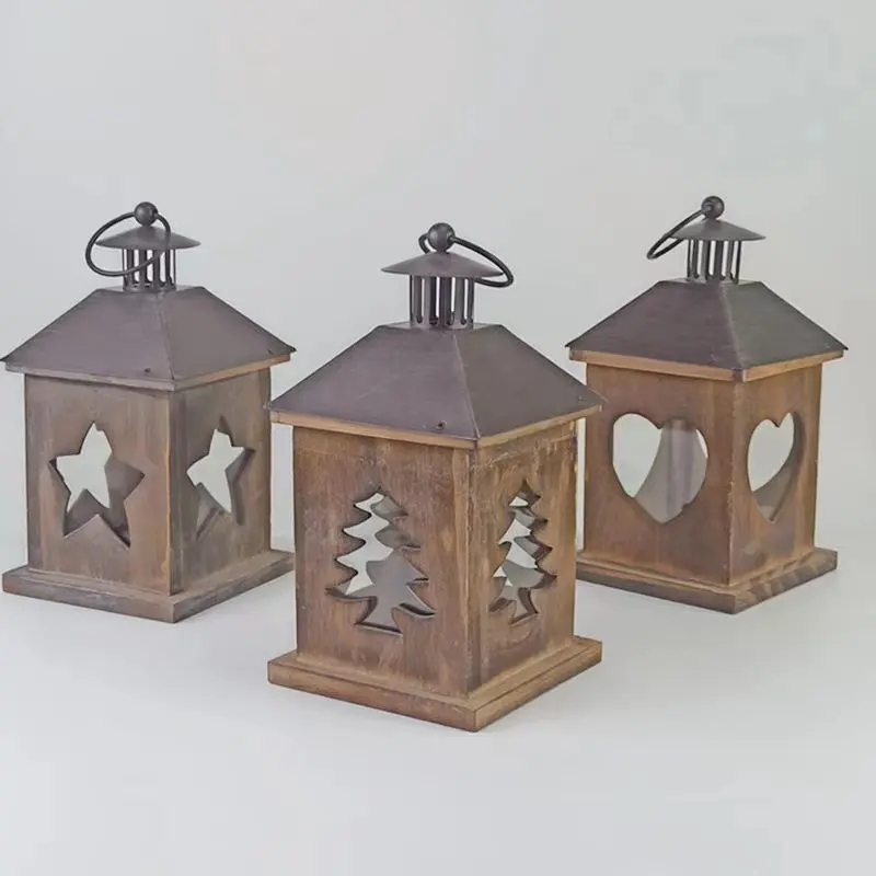 Holz Metall Tee licht halter Vintage Laternen Wind lampe Weihnachts baum Stern Kerze Licht Laternen für Geburtstags feiern Braun