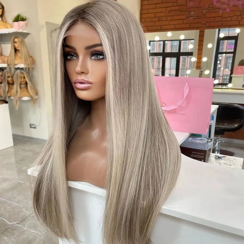Raw European Straight Human Hair Ash Blonde #60 Highlight Color Pre Plucked Transparent HD Lace Front Wigs