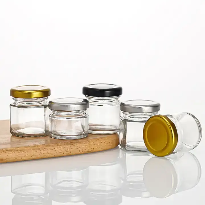 Wholesale 25ml 35ml 45ml Mini Glass jar Mini Jar With Tin Lids Hexagonal Round Glass Storage Jar