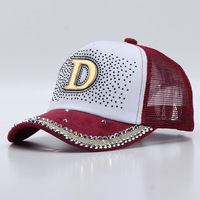 Gorra de béisbol de lujo con diamantes de imitación y letra D, gorra trucker transpirable de malla, sombrero deportivo, gorra de hip hop, gorra de diseñador al por mayor