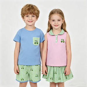 Toddler Girls Summer Casual Two-Piece Set Cute Golf Print Pink Sleeveless Top with Green Gingham Skort Outfit Wholesale - Product Image 1