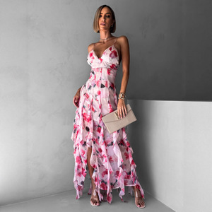 Vestido Largo de Noche con Hombros Descubiertos, Estampado Floral, Organza, Cintura Imperio, Capa Transparente, Moda Femenina, Estilo Primavera-Verano - Product Image 4