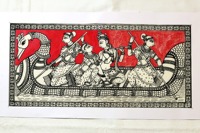 Œuvre d'art traditionnelle Pattachitra sur papier, de forme rectangulaire, provenant d'Odiya, Inde, représentant Radha Krishna Naukavihar