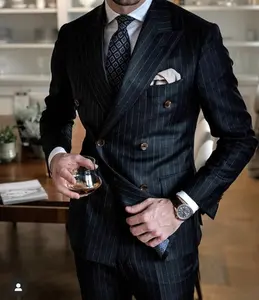 Siyah şerit erkek takım elbise kruvaze Blazer son pantolon ceket tasarımları Slim Fit 2 parça smokin özel damat balo Suits ternos