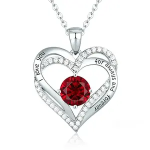 Double Heart Dainty Ruby Zodiac Colorful Birthstone Necklace 925 Sterling 18k Rose Gold Plated Heart Pendant Necklace