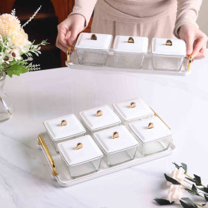 Ensemble d'assiettes à collation en céramique dorée de luxe Plateau carré peint à la main en or véritable avec récipients en verre décoratifs durables - Product Image 6