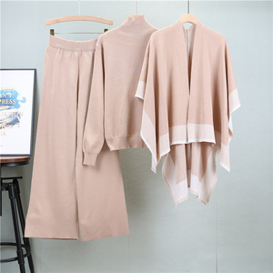 Ensemble de chandail tricoté pour femme avec châle et pantalon large, tenue trois pièces, mode printemps automne, vêtements décontractés - Product Image 4