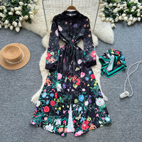 Robe midi décontractée pour femme WIWT à manches longues, col montant, imprimé floral, coupe trapèze avec ceinture, pour le quotidien