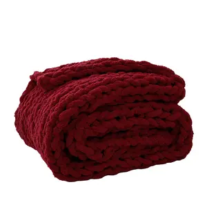 Machine Washable Crochet Blanket Hand Knit Chenille Yarn Throw Chunky Knitted Blanket