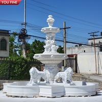 YOUFINE Grande fontaine d'eau extérieure personnalisée en marbre blanc antique avec deux lions et une dame assise pour manoir, allée et aménagement paysager