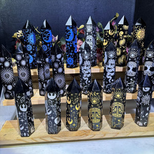 Tour de Cristal Poli Pierre de Guérison Motif Quartz Gravé Avec Soleil Lune <span class=keywords><strong>Noir</strong></span> Obsidienne Reiki Point - Product Image 1