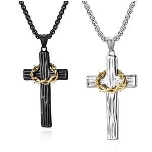 Collar <span class=keywords><strong>de</strong></span> Cruz Ankh <span class=keywords><strong>de</strong></span> Acero Inoxidable y Titanio Estilo Punk, con Colgante <span class=keywords><strong>de</strong></span> Madera Bicolor y Espina, Joyería <span class=keywords><strong>de</strong></span> Oración - Product Image 1