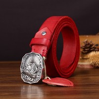 Sabuk Kulit Wanita dengan Gesper Kuda dari Baja Antik Berwarna Air, Terbuat dari Kulit Sapi Full-grain Premium, Desain Sabuk yang Unik