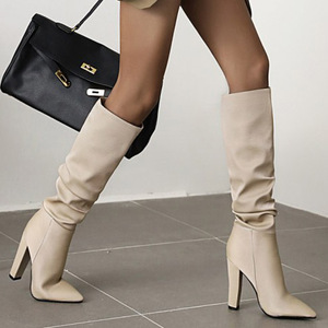 Bottes hautes pour femme à bout pointu, talon épais, design plissé, dessus lisse, grande taille 43, chaudes, à enfiler, pour soirée et maison - Product Image 6