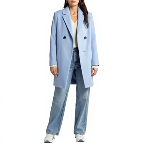 <b>Women's</b> Light Blue <b>Double</b> <b>Breasted</b> Trench <b>Coat</b> Long Length Casual Outerwear Full Sleeve Solid Color Woven Wool <b>Coat</b> - Product Image 1
