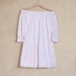 Vestido Boho Blanco con Hombros Descubiertos, Bordado Floral, Manga Abullonada Tres Cuartos, Mini Vestido Holgado con Cintura Elástica y Corte en A para Oficina - Product Image 2