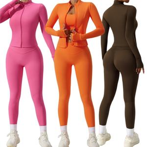 Ensemble de yoga pour femmes, haut à manches longues avec fermeture éclair, leggings taille haute, couleur unie, spandex, vêtements de fitness, XS à 3XL - Product Image 1