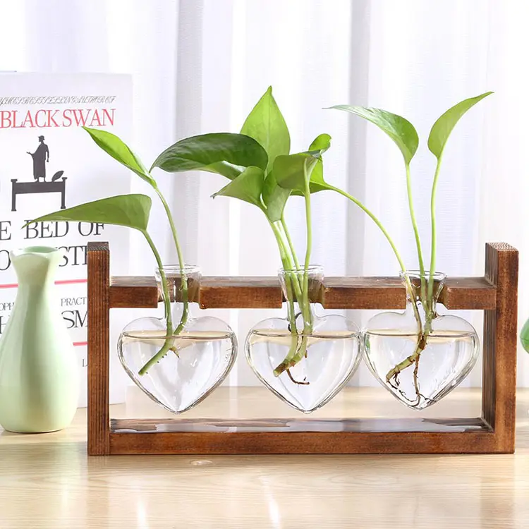 Table de Terrarium en forme de cœur pour plantes hydroponiques, Pot de fleurs suspendu, Vase en verre en bois avec plateau en bois