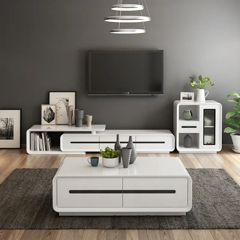 Modern basit oturma odası mobilya seti beyaz piyano pişirme çay masası Tv dolapları mobilya tasarımları
