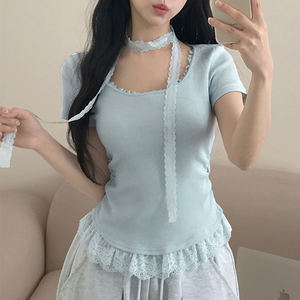 Camiseta de punto con ribete de encaje para mujer, cuello redondo, manga corta, diseño de bufanda, informal, para verano, a la moda - Product Image 2