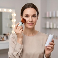 Kuas Kabuki Retraktil Portabel untuk Perjalanan, Kuas Makeup Kosmetik untuk Bedak, Blush On, dan Foundation dengan Tutup Plastik Pelindung